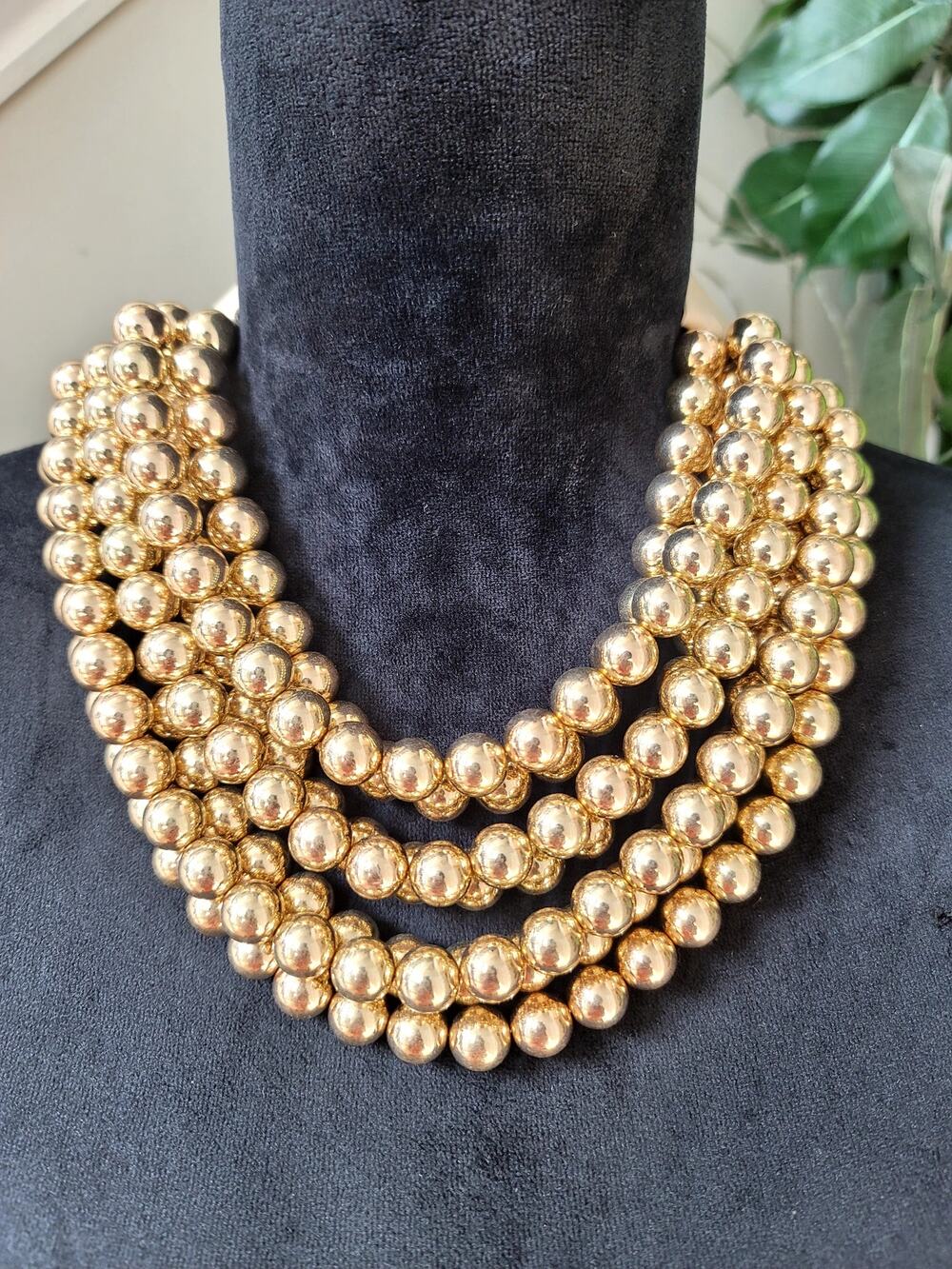 Gold Tone Multi Strand Beaded Statement Necklace Chunky Layered Collar Jewelry